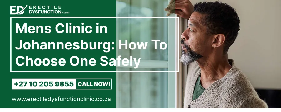 Man looking out a window while considering how to choose a safe men's clinic in Johannesburg, with Erectile Dysfunction Clinic contact details
